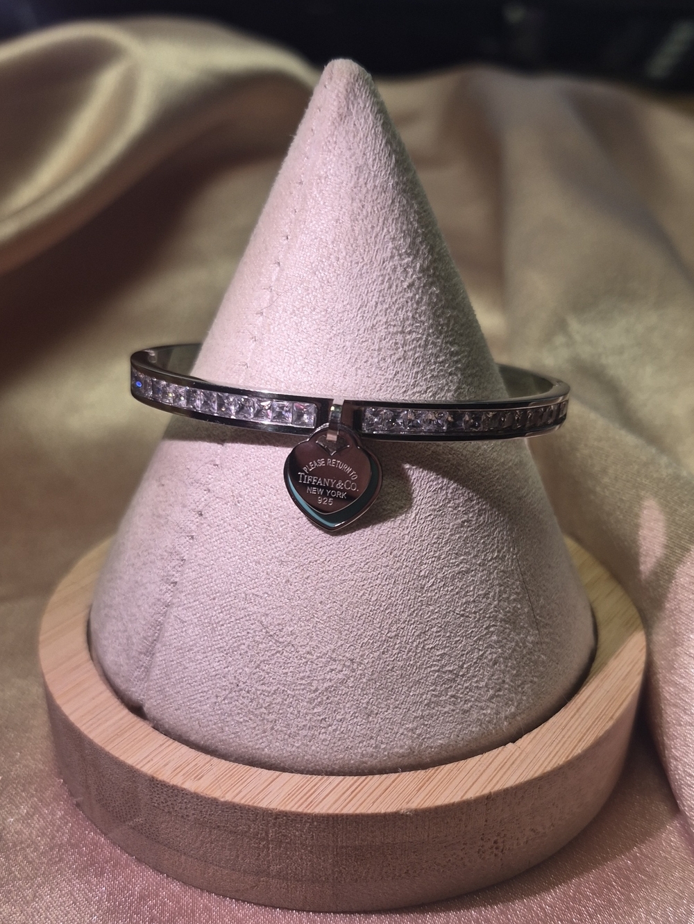 Silver Crystal-Accented Heart Tag Bangle